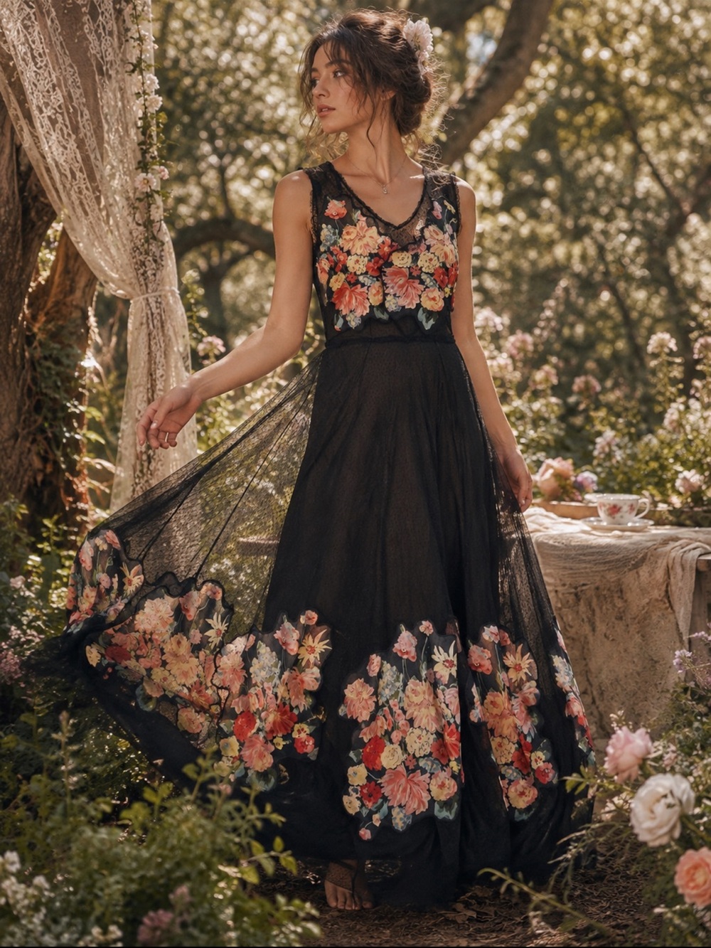 Biya Johnny Was Black Floral Silk Lace Mesh Maxi Dress Size M Romantic Boho